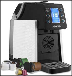 Gourmia GCM5100 One Touch Multi Capsule Coffee & Espresso Machine - Single Serve - Compatible with K-Cup Pods & Nespresso - Adjustable Brew Temperature & Size - Digital Display - 1450W - White